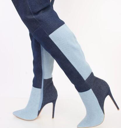 Street Fashion Denim - Bottes longues en jean bicolore bleues