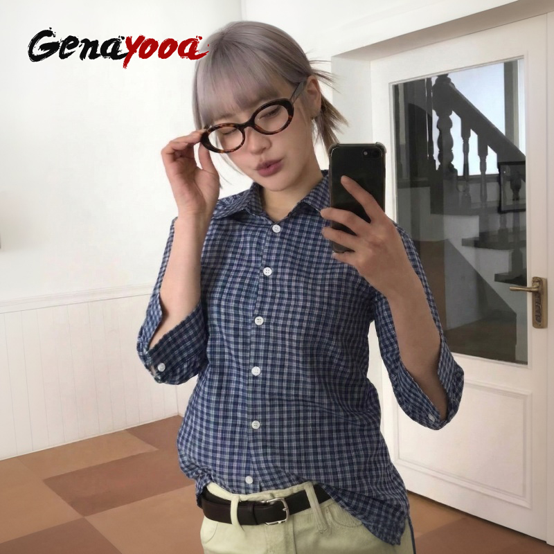 Street Fashion In Japan - Genayooa Y2k chemise à carreaux femmes