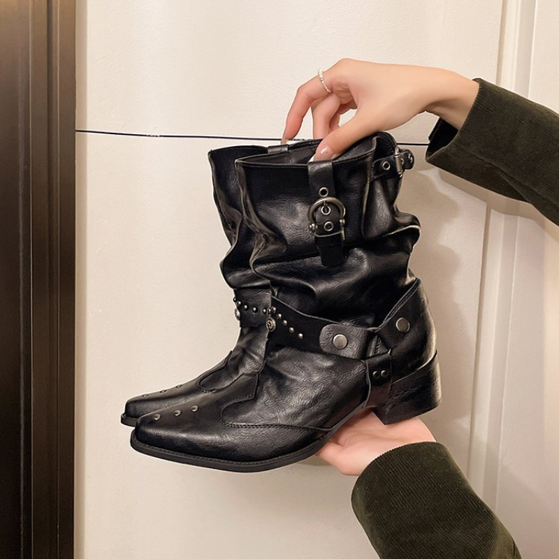 Street Fashion Denim - Bottes mi-mollet Y2K pour moto, style