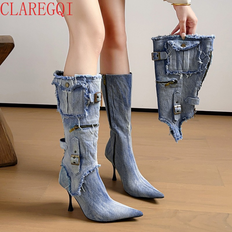Street Fashion Denim - Bottes d'automne pour femmes, bottes à
