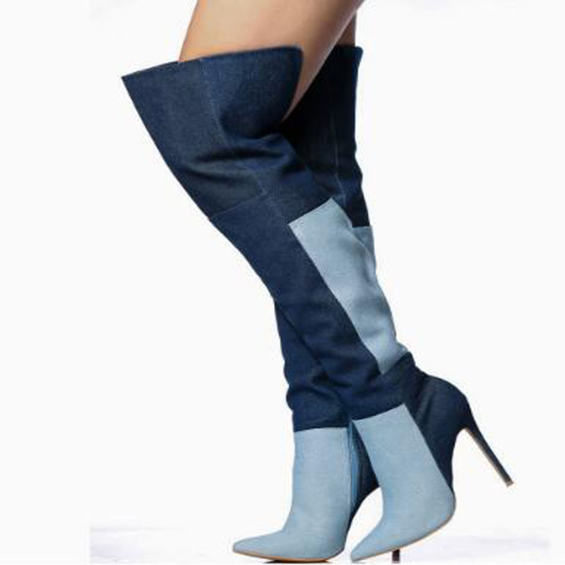 Bottes longues en jean bicolor - Street Fashion Denim avis et prix