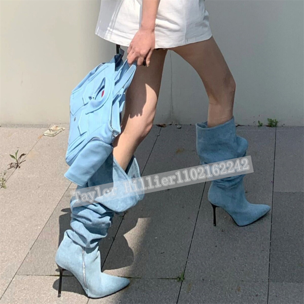 Bottes plissées en jean bleu p - Street Fashion Denim avis et prix